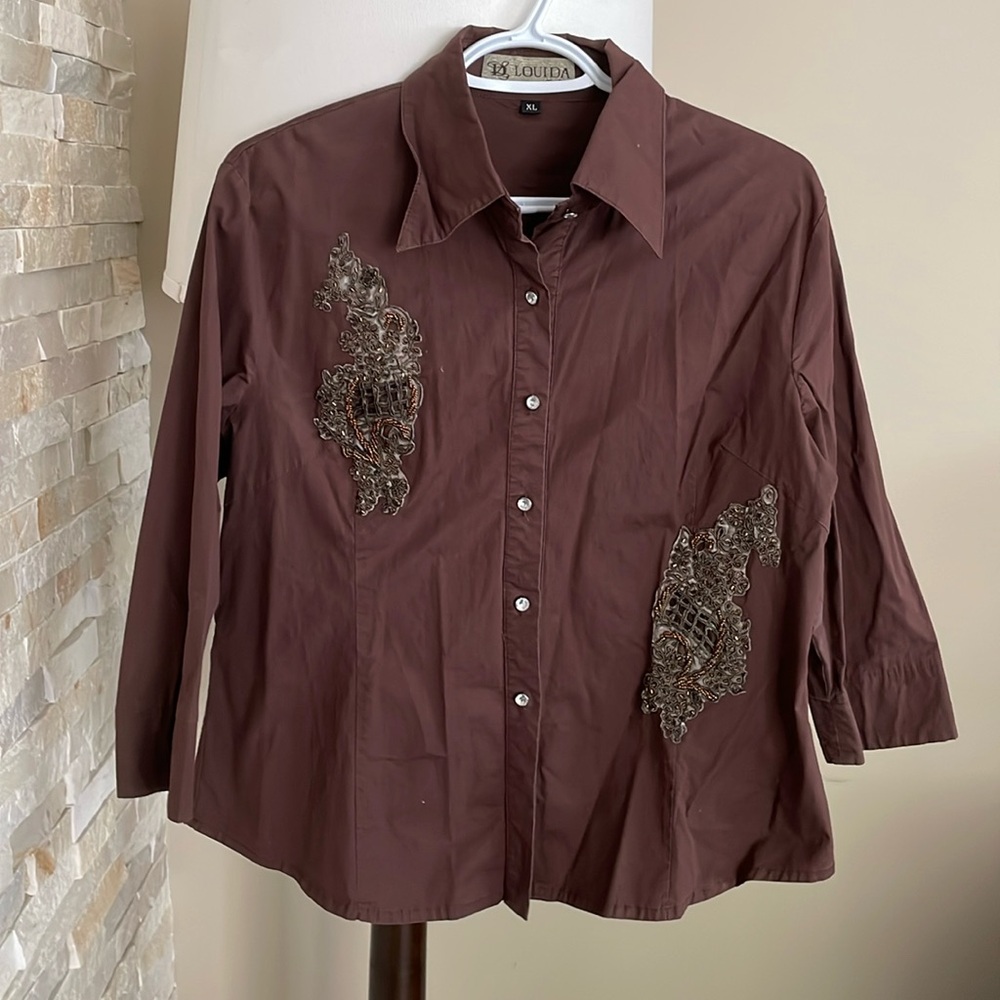 Brown Beaded and Sequin Button Down top